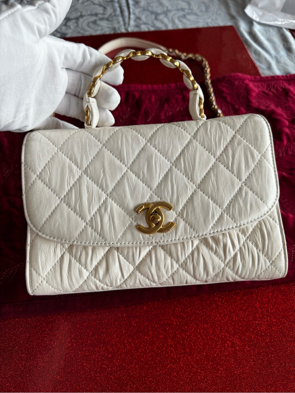 CHANEL Cream Quilted Leather Top Handle Bag with Gold Chain and CC Lock